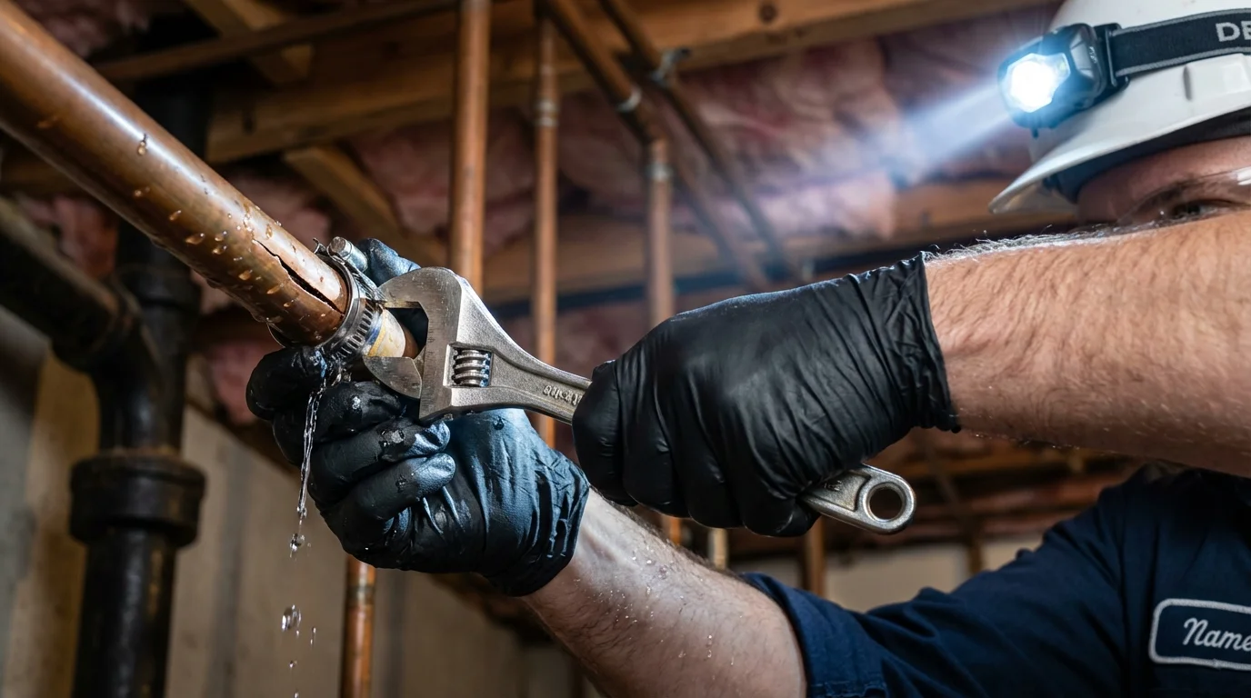 Emergency pipe clamp repair being performed by a Johns Plumbing LLC plumber in Ponte Vedra Beach