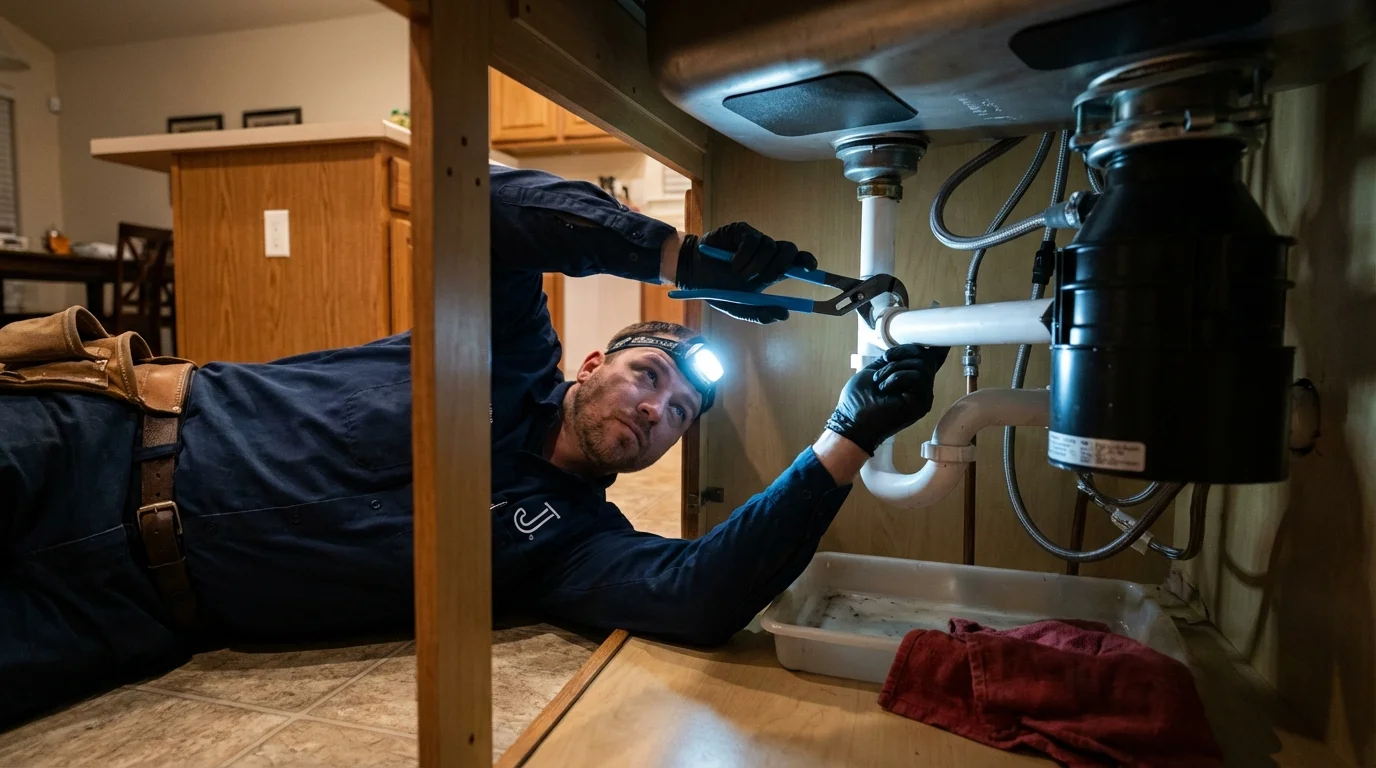 P-trap and supply line connections under a kitchen sink showing a common leak point in Ponte Vedra Beach, FL